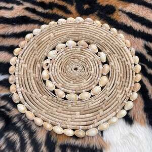Vintage Cowrie Shell Woven Trivet Centerpiece Mat Natural Fiber Boho Coastal 9"